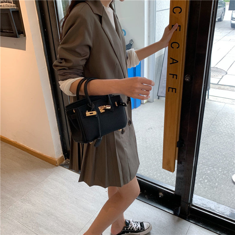 White Mini Lychee Texture Platinum Shoulder Bag