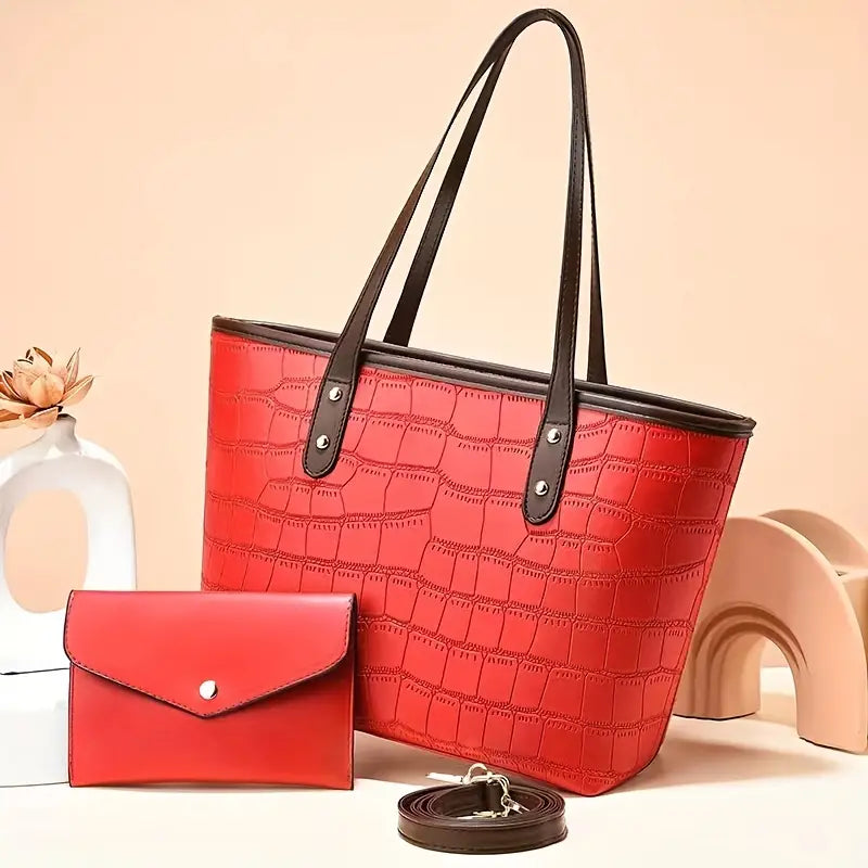 Crocodile Embossed Tote Bag Set with Clutch Purse