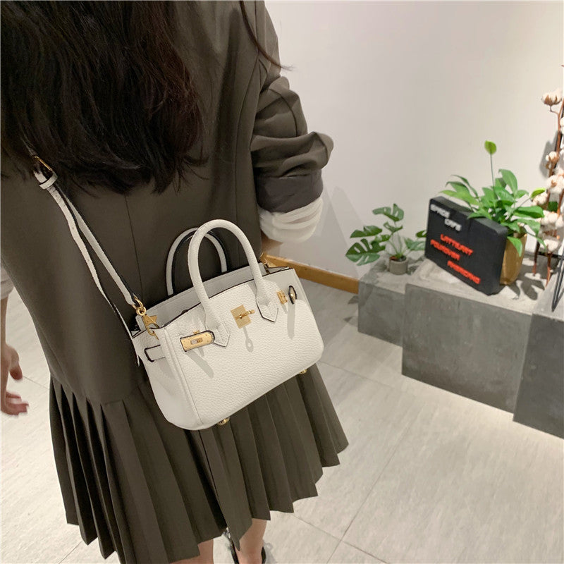 White Mini Lychee Texture Platinum Shoulder Bag